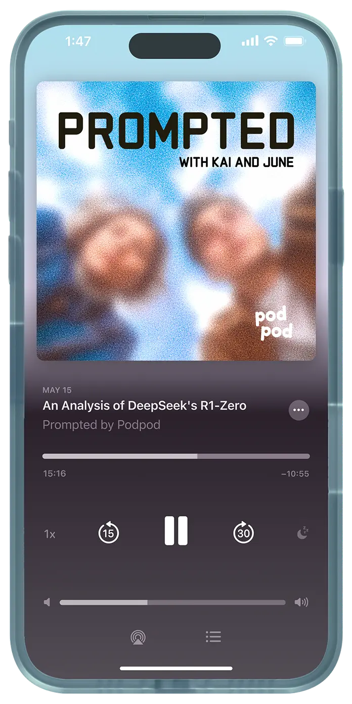 Podpod mobile app interface showing podcast playing